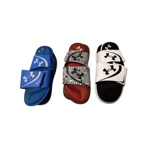 Under Armour Blue, Red, and Black Slide Sandals cushioned Gently used!